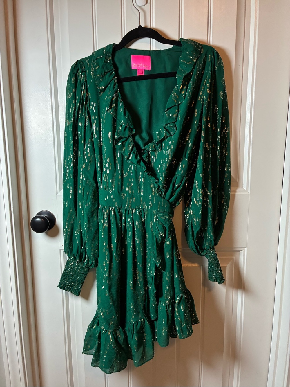 Lilly Pulitzer Green Wrap Mini Dress with Gold Speckle